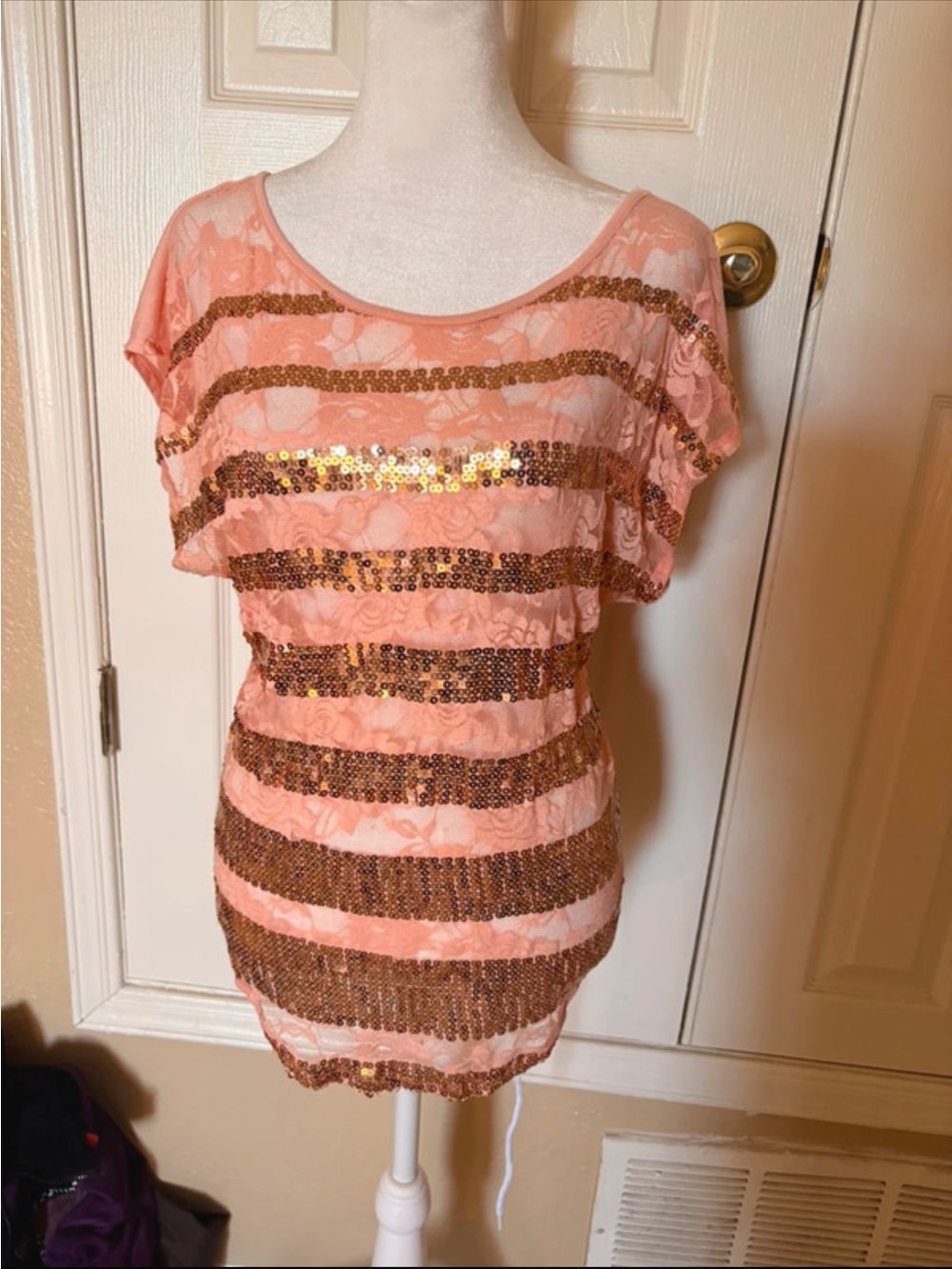 Almost Famous Peach Lace Tee with Gold Sequin Stripes